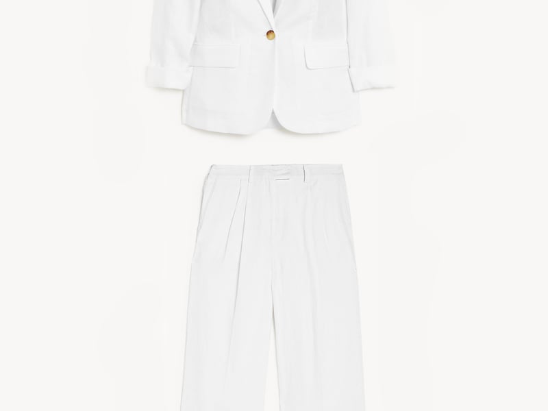 Joanna Hope Tailored Bridal Jacket, £100; Joanna Hope Tailored Bridal Trousers, £45 (were £75); Carrieann Strappy Ankle Tie Sandals, £24 (were £32), JD Williams
