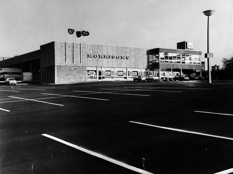 Morrisons Supermarket as seen over the vast car-park from Harper Lane in February  1970.