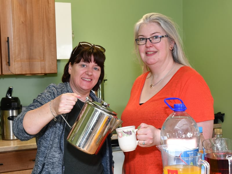 Pouring a cuppa: Susan Ronan and Sian Moloughney