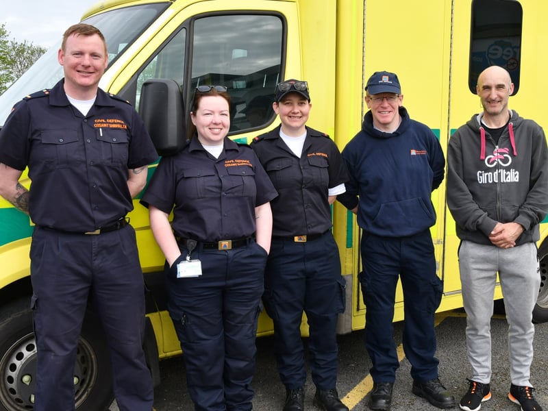 The cyclists were in safe hands with Civil Defence members Stephen Buckley, Michelle Colclough and Teri Kruger, pictured here with Paraic Kelly and Scott McCabe