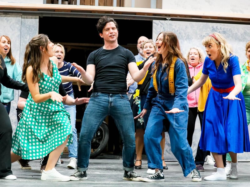 Rob Gallagher (Chad) with dancers rehearse for their upcoming show "All Shook Up"