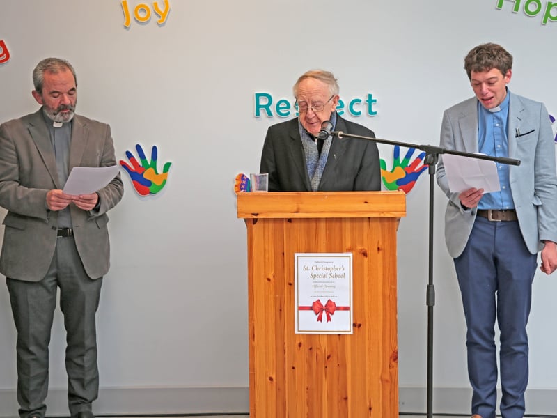 Caption: Fr Michael McGrath, Bishop Emeritus Colm Reilly and Rev Simon Scott blessing the new extension at St Christopher's Special School, Longford Picture: Shelley Corcoran