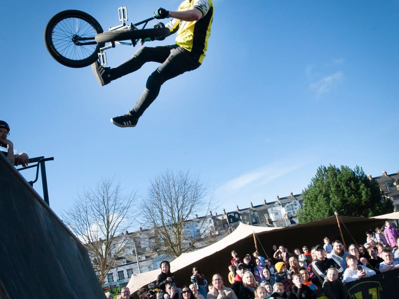 The Thunder Action Sports BMX team showing off some daredevil stunts during Saturday’s Fun Day at Bull Park.