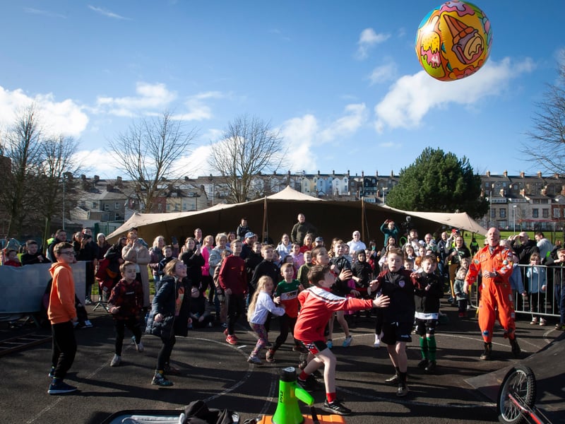 Attempting a World Record at keeping the beach ball in the air with Jitterburg Jackson on Saturday.