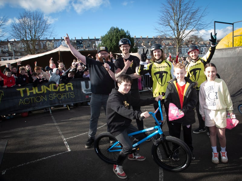 BMX WINNER!. . . . Young Finn O’Kane pictured with his new BMX bike, won at Saturday’s Feile Springtime Fun Day at Bull Park. Included in picture is runners-up and members of the Thunder Action Sports Team. (Photos: Jim McCafferty Photography)