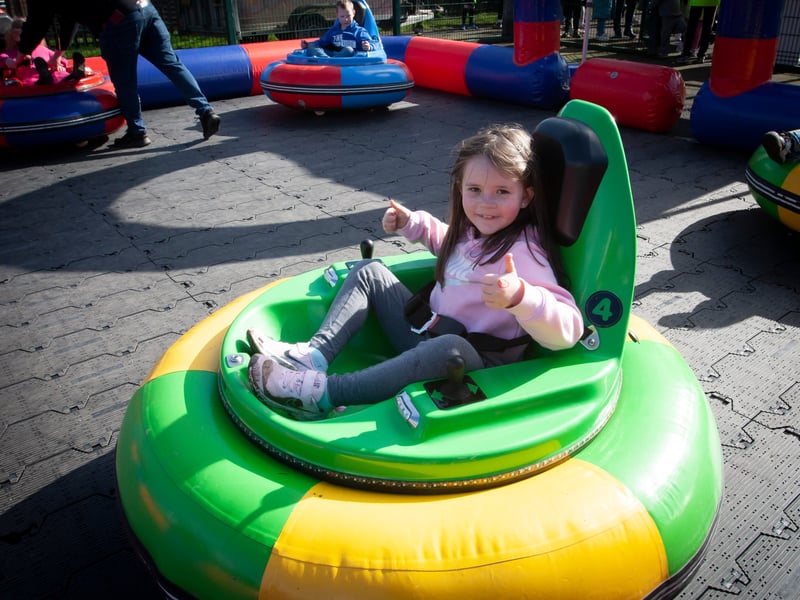 Big smiles and thumbs up for a bumper ride from Cara Forbes (6) on Saturday.