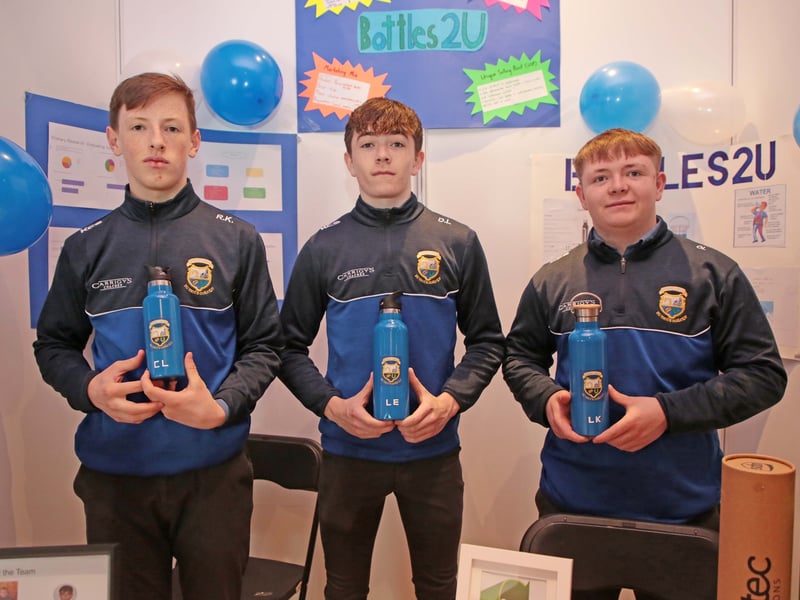 Caption: Bottles 2U Ltd - Ryan Keogh, Daniel Lee and Oran Lyons from St Mel's College, Longford were winners of Best Business Report at the County Final of the Student Enterprise Programme on Tuesday, March 21 in the Longford Arms Hotel Picture: Shelley Corcoran
