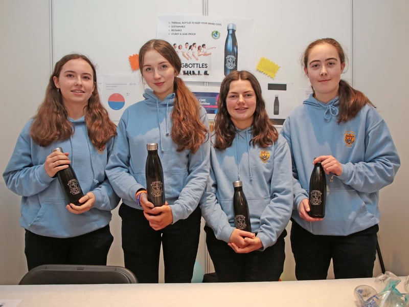 Caption: CMG Bottles - Ella Reilly, Grace Gannon, Mary Reilly and Niamh Kiernan from Cnoc Mhuire, Granard were the winners of a Special Merit Award at the County Final of the Student Enterprise Programme on Tuesday, March 21 in the Longford Arms Hotel Picture: Shelley Corcoran
