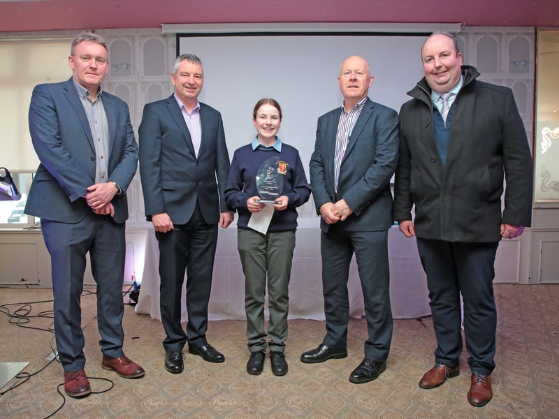 Caption: Moyne CS student Caitlin Morris of Clip Clop Designs was the winner of the Intermediate Category at the County Final of the Student Enterprise Programme on Tuesday, March 21 in the Longford Arms Hotel. Also in the photo are Senator Micheál Carrigy, Longford County Council Head of Enterprise Michael Nevin, Longford County Council Chief Executive Paddy Mahon and Granard Municipal District Cathaoirleach Colin Dalton. Picture: Shelley Corcoran