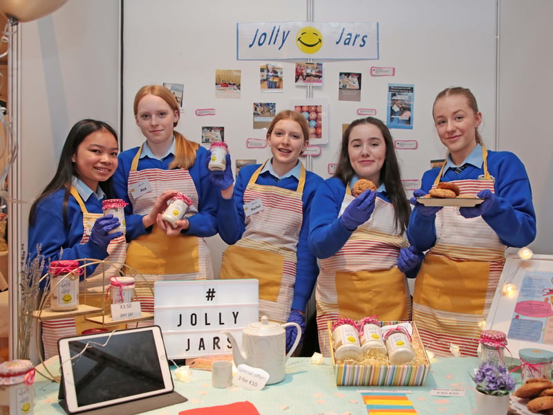 Caption: Jolly Jars - Lucy Maher, Erin Murray, Doireann Ní Mhurchu and Ava O'Loughlin, Rachel O'Loughlin from Meán Scoil Mhuire, Longford were the Runners Up in the Intermediate Category at the County Final of the Student Enterprise Programme on Tuesday, March 21 in the Longford Arms Hotel Picture: Shelley Corcoran