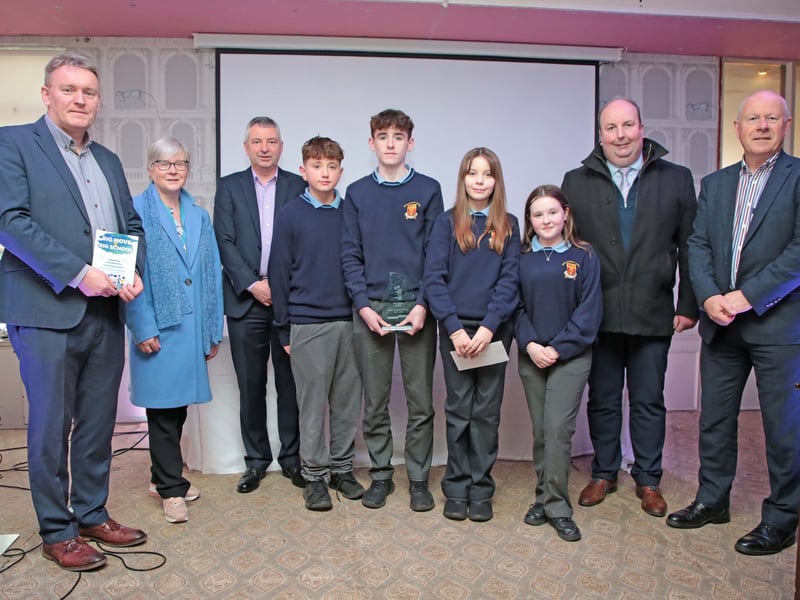 Caption: Big Move 2 Big School - Bronwyn McGarry, Michael Murtagh, Holly McIntryre and Gavin Murphy of Moyne CS were the Winners in the Junior Category at the County Final of the Student Enterprise Programme on Tuesday, March 21 in the Longford Arms Hotel. Also in the photo are Senator Micheál Carrigy, Longford County Council Director of Services Barbara Heslin, Longford County Council Head of Enterprise Michael Nevin, Granard Municipal District Cathaoirleach Colin Dalton and Longford County Council Chief Executive Paddy Mahon. Picture: Shelley Corcoran