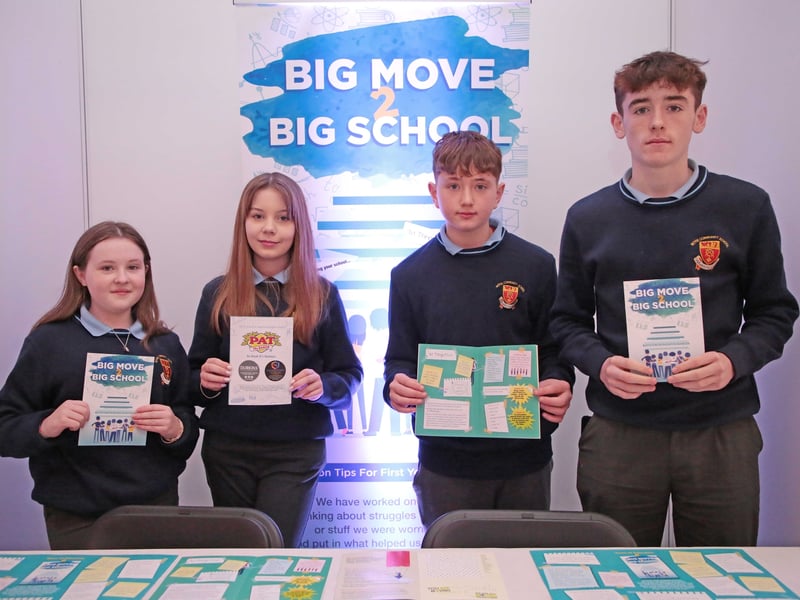 Caption: Big Move 2 Big School - Bronwyn McGarry, Michael Murtagh, Holly McIntryre and Gavin Murphy from Moyne CS were the Winners in the Junior Category at the County Final of the Student Enterprise Programme on Tuesday, March 21 in the Longford Arms Hotel Picture: Shelley Corcoran