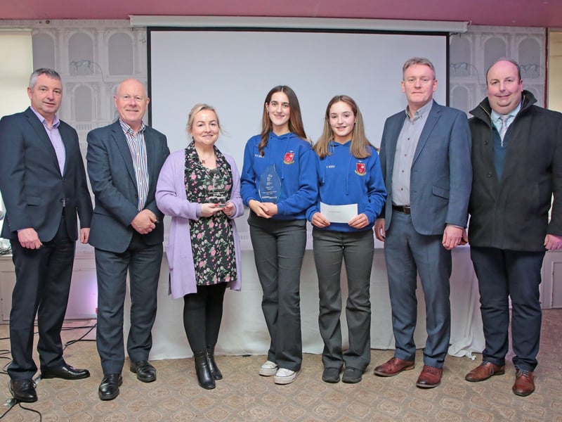 Caption: Ardscoil Phadraig, Granard students Erin Flynn and Rachel Higgins of An Cru Capaill were the Overall Senior Category Winners at the County Final of the Student Enterprise Programme on Tuesday, March 21 in the Longford Arms Hotel. Also in the photo are Longford County Council Head of Enterprise Michael Nevin, Longford County Council Chief Executive Paddy Mahon, Teacher Linda Reilly, Senator Micheál Carrigy and Granard Municipal District Cathaoirleach Colin Dalton Picture: Shelley Corcoran