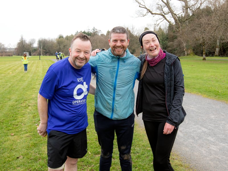 Caption: Longford parkrun played host to the Kiernan Steel Longford Operation Transformation 5k last Saturday morning, March 4 in The Mall Albert Reynolds Peace Park and pictured are Granard and RTÉ Operation Transformation leader Thomas Hynes alongside his brother James Hynes, and Teresa Blake. It was Teresa's 202nd parkrun. She loves parkrun, especially the social aspect of it Picture: Michael Croghan Photography