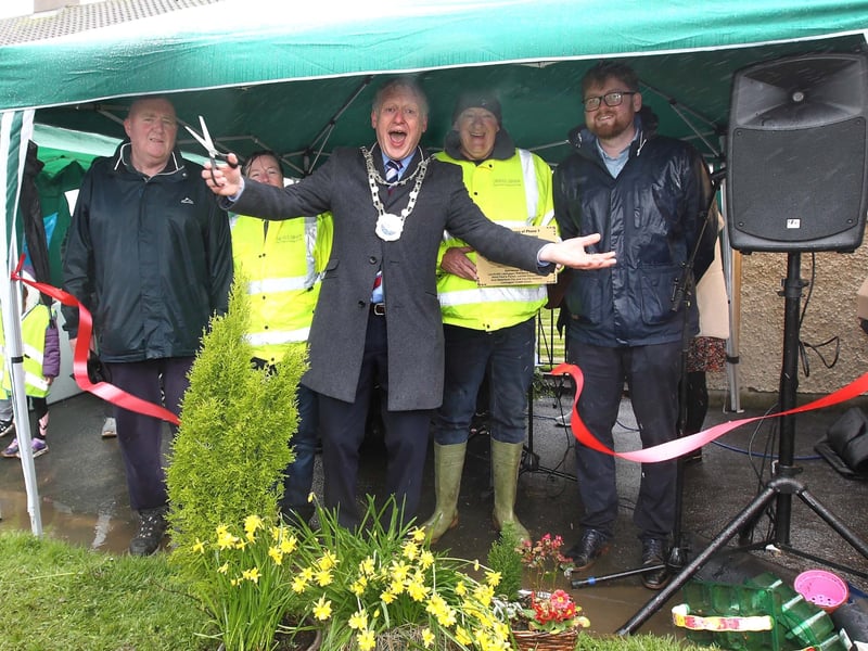 Waterford Metropolitan Mayor, Cllr. Jason Murphy cuts the ribbon at the official opening and blessing of the St.Paul's Jubilee Community Memorial Garden in the presence of Cllr.John Hearne, Veronica D'Ambra,  Michael Murphy, WCCC and John Burns, Chairperson of the Larchville/Lisduggan Residents Association.