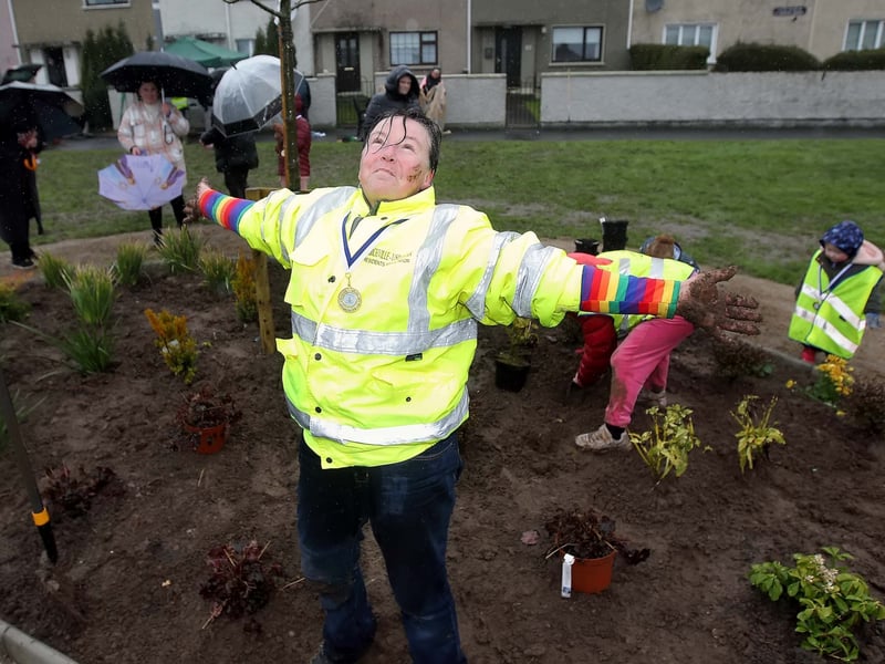 Veronica D'Ambra from the Larchville/Lisduggan Residents Association.looks to the skies as the rain kept pouring down on Saturday morning last.