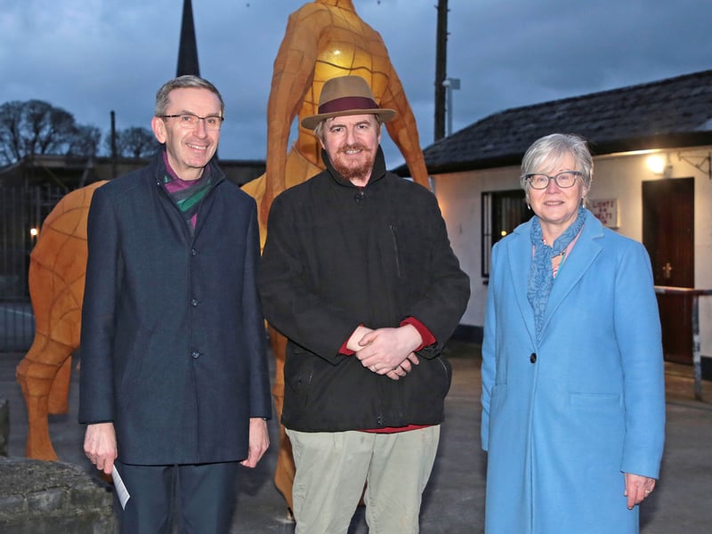 Caption: Longford County Archivist Martin Morris, artist and Longford Lights Festival Director Tom Meskell and Longford County Council Director of Services Barbara Heslin in Connolly Barracks
