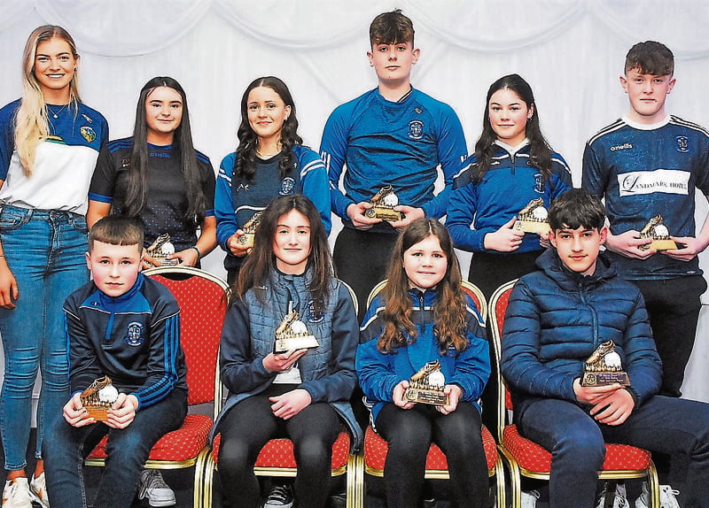 Most improved players 2022 were presented with their awards by Elise Bruen, back row, Aine Morgan (U18), Aloise Earley (U14), Des Keane (U15), Caireann O'Grady (U16), Aaron Glancy (U17). Front row, Calvin Grimes (U11), Alice Flynn (U12), Devyn Griffin (U10) and Elvis Shehaj (U13).