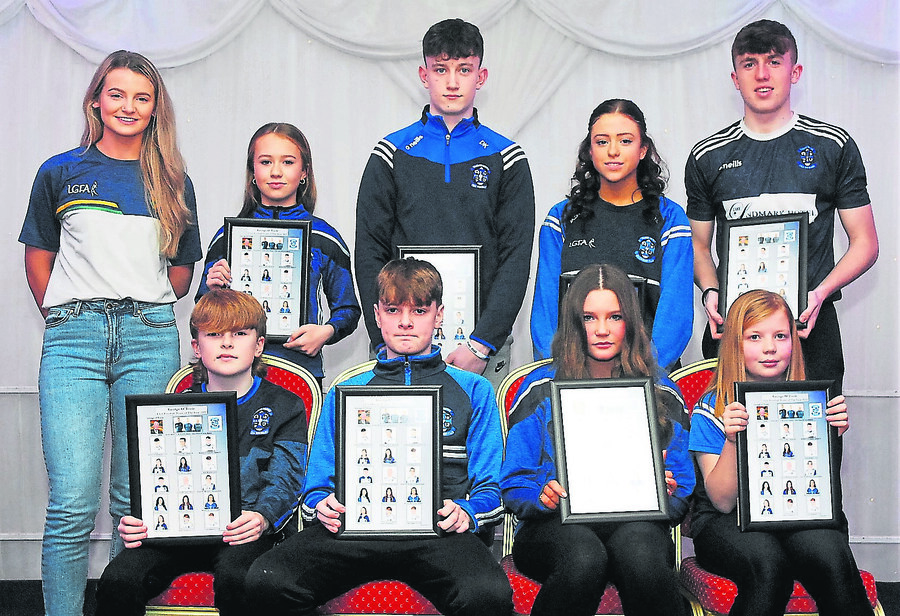 George O'Toole 2022 award winners (players of the year) were presented with their awards by Kasey Bruen, back row, Zara Cronin (U14), Donnacha Kennedy (U15), Kayleigh Earley (U16) and Ben Guckian (U17). Front, Harry Hanrahan (U11), Sean Keaney (U13), Ríona Gardiner (U12) and Farrah O'Dowd (U10).
