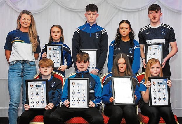 George O'Toole 2022 award winners (players of the year) were presented with their awards by Kasey Bruen, back row, Zara Cronin (U14), Donnacha Kennedy (U15), Kayleigh Earley (U16) and Ben Guckian (U17). Front, Harry Hanrahan (U11), Sean Keaney (U13), Ríona Gardiner (U12) and Farrah O'Dowd (U10).