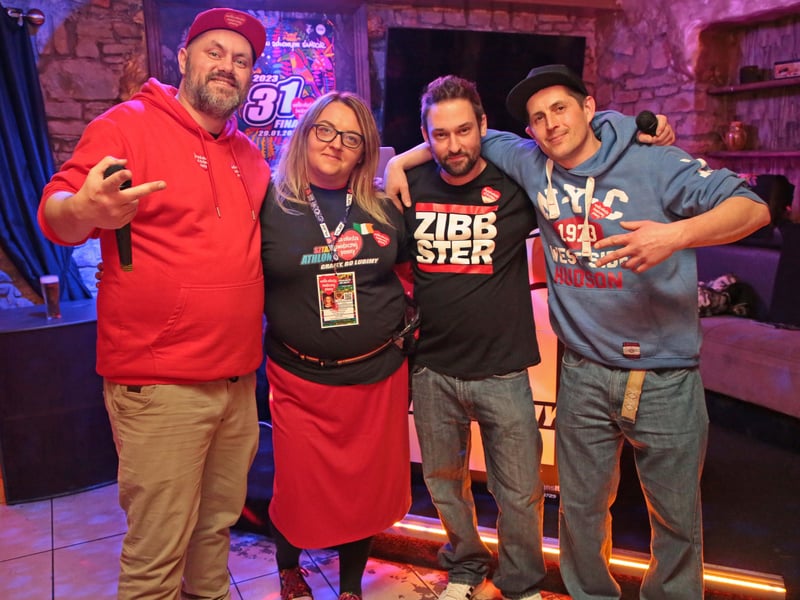 Caption: Rappers Aerte and Zibbster with Barbara Stachowska and DJ B.O.G