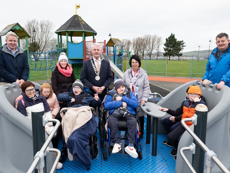 Pupils and staff from St. John’s Special School Dungarvan, along with the Mayor of Waterford City and County, Cllr John O’Leary, Cllr Damien Geoghegan and Sean Gormley and Gabriel Foley, Waterford City and County Council, enjoying the accessibility swing at Walton Park