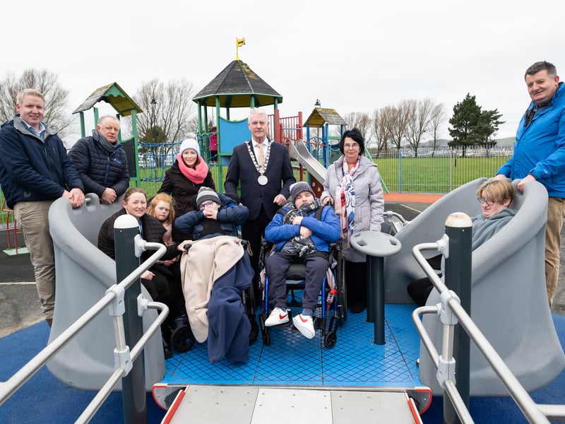 Pupils and staff from St. John’s Special School Dungarvan, along with the Mayor of Waterford City and County, Cllr John O’Leary, Cllr Damien Geoghegan and Sean Gormley and Gabriel Foley, Waterford City and County Council, enjoying the accessibility swing at Walton Park