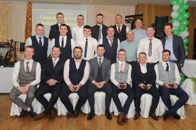 The Villa Rose was the venue for the Sean MacCumhaill's Dinner Dance and Award Presentation with tribute to Martin Griffin on Saturday last. After a long absence of holding such an event it was great to see over 200 people fill the Cappry Suite and celebrate 2022's successes. Upon arrival guests were treated to a prosecco reception and had time to socialize before being seated for the meal. Club Chairman PJ McGowan opened proceedings, welcomed everyone present affording a special welcome to the Griffin family and wished everyone an enjoyable meal and evening. PLEASE CLICK THE ARROWS TO GO THROUGH THE AWARD WINNERS AND TO SEE THE MARTIN GRIFFIN TRIBUTE The first team called up to collect their medals were the Senior C Champions. Team manager Dougie McDaid paid tribute to his management team and players and called the panel up to receive their medals.