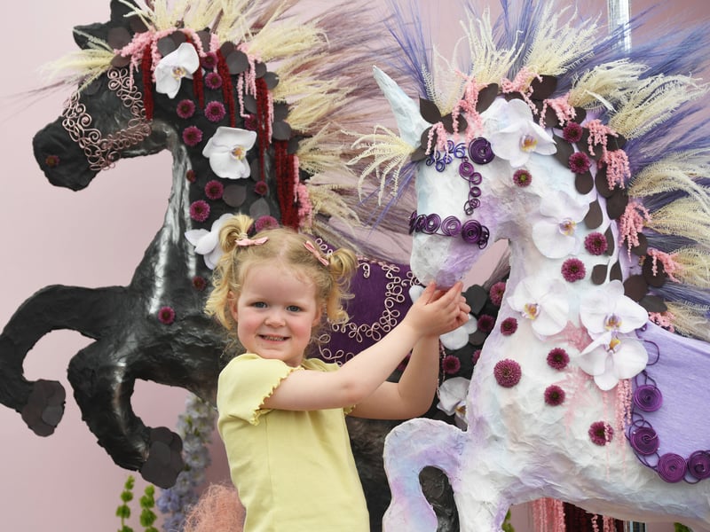 Three-year-old Bonnie Best with an exhibit by Doncaster College called 'All the Fun of the Fair'.
