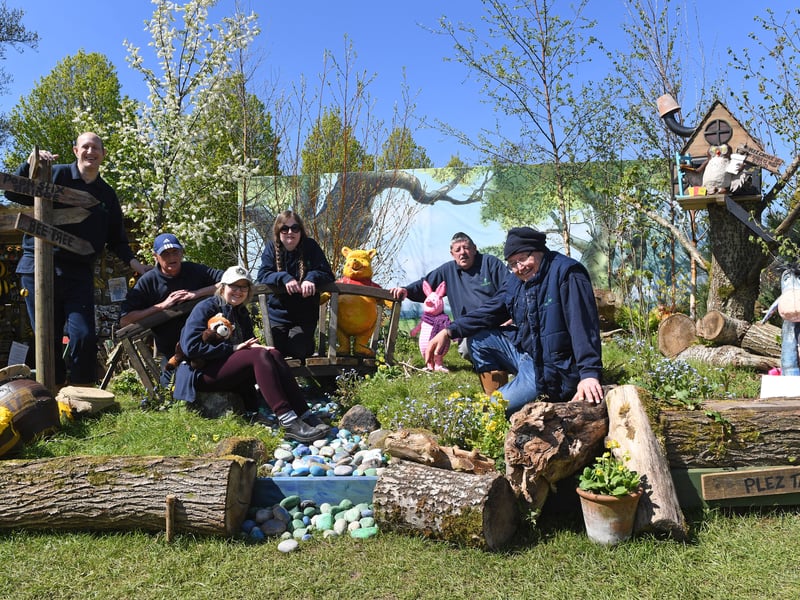 Students Tim, Paul, Issy, Timothy, Anna and Tony in Horticaps' award-winning show garden.