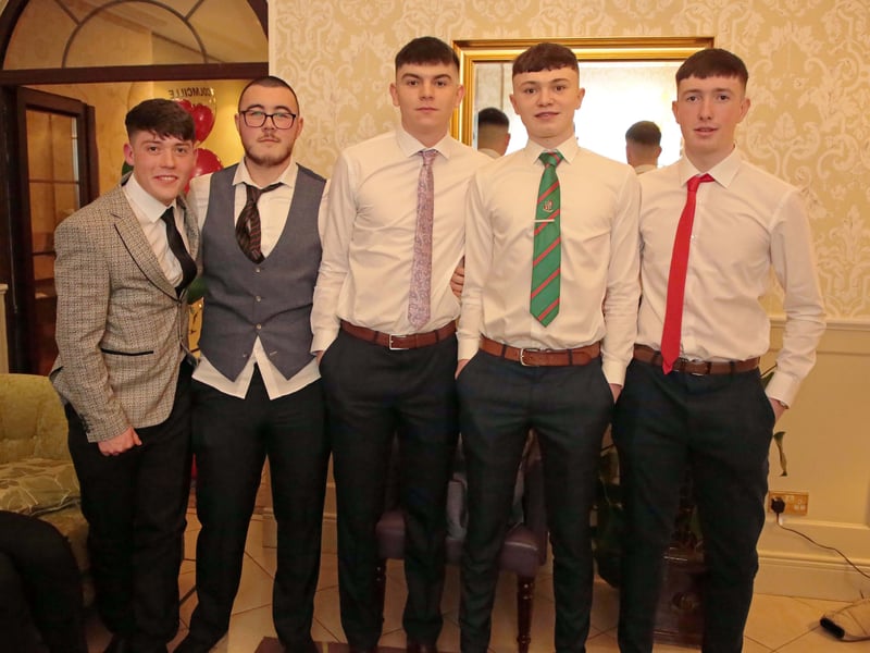 Caption: Shéa Farley, Darren Walsh, Aaron D'Arcy, Jack Mulligan and Ben Murtagh at the Colmcille dinner dance in the Breffni Arms, Arva on Saturday