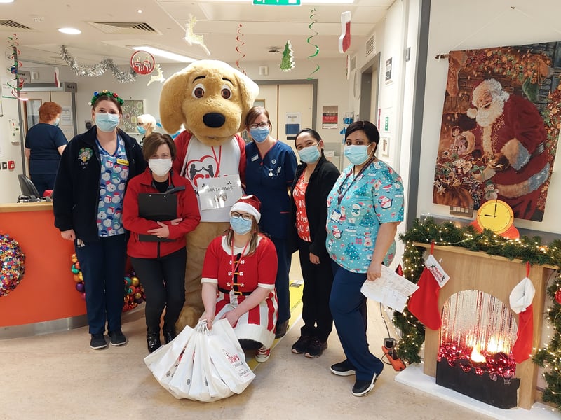 Caption: The Cian's Kennels team and their mascot 'Santa Paws' pictured with some of the care staff of St John's Ward in CHI at Crumlin
