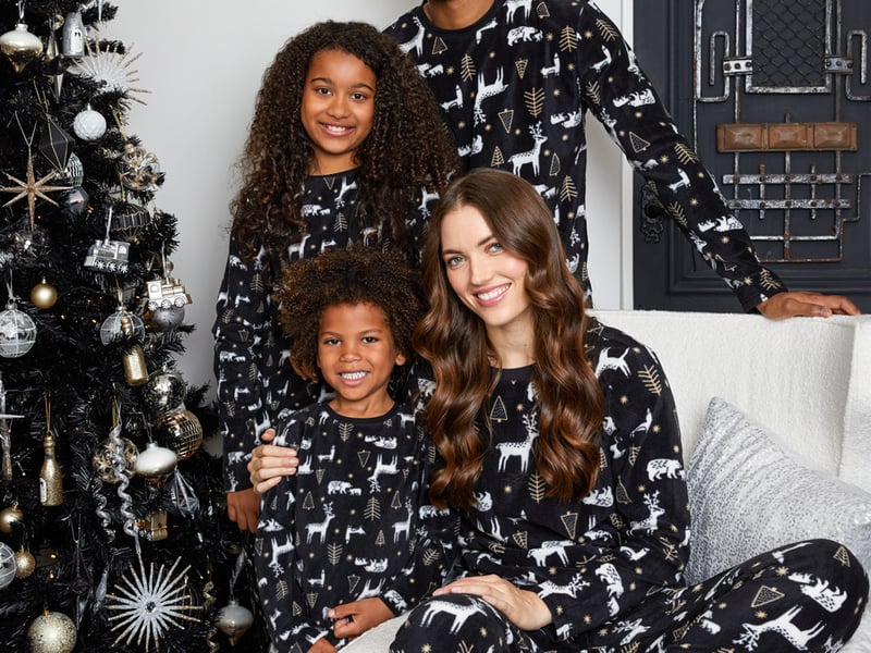 Hush Joey Printed Pyjamas, £65; Arundel Beige Shearling Slippers, £55; Joey Children’s Pyjamas, £39