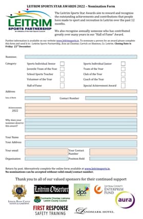 The nomination form is printed below and is also available at www.leitrimsports.ie. To nominate a person for an award please complete this form and send it to: Leitrim Sports Partnership, Áras an Chontae, Carrick on Shannon, Co. Leitrim. Closing Date is Friday December 23.