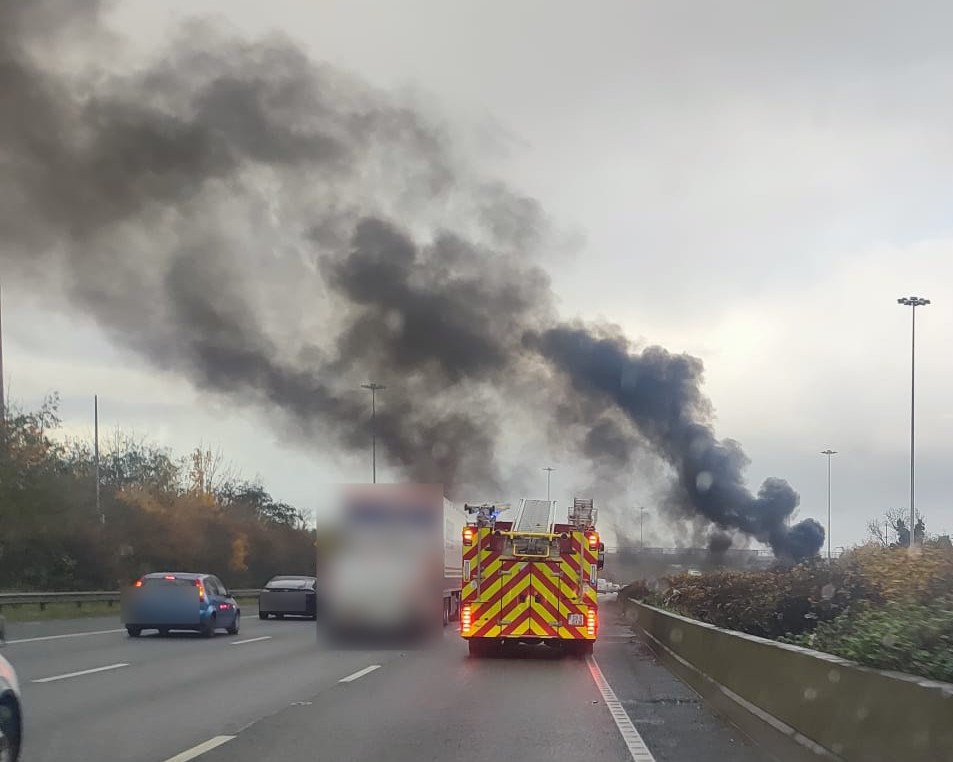 This was the scene earlier on Saturday when a car burst into flames near Dublin Airport.