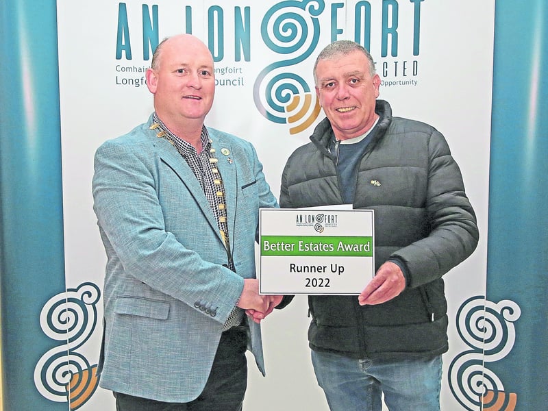 Caption: Longford County Council Cathaoirleach Cllr Turlough McGovern presenting category runner up award to Conor Waters, Ballymahon