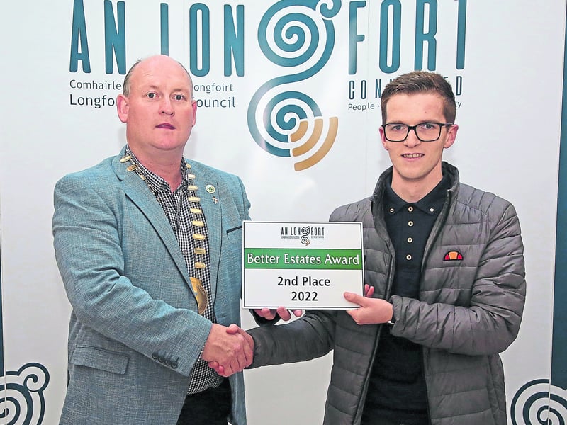 Caption: Cathaoirleach Cllr Turlough McGovern making a presentation to Stephen Donohoe, Knock Manor, Lanesboro