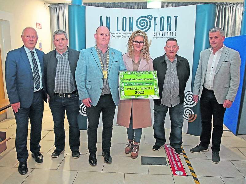 Caption: Mill Race Park in Drumlish were named the overall winners of the Longford County Council Better Estate Awards 2022 and pictured are Longford County Council Chief Executive Paddy Mahon, Declan McGeary, Cathaoirleach Turlough McGovern, Hazel Robinson, Phillip Rogan and Danny O'Donnell