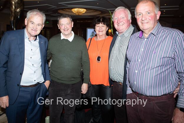 Former Taoiseach Brian Cowen was among the guests for the Tullamore launch of former Offaly footballer Vincent Henry's new book, 'One Last Bend', which is about his childhood growing up in Clara.  Vincent Henry with Pat Marron, Stephanie and Val Smyth and Brian Collins at the Launch of Vincent’s book One Last Bend in the Bridge House Hotel. Ger Rogers Photo.