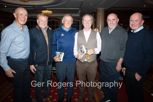Aidan O’Halloran, Pat Fitzgerald, Liam Hoctor, Martin Horan, Brendan Lowry and John Cochrane at the Launch of Vincent Henry’s book One Last Bend in the Bridge House Hotel. Ger Rogers Photo.