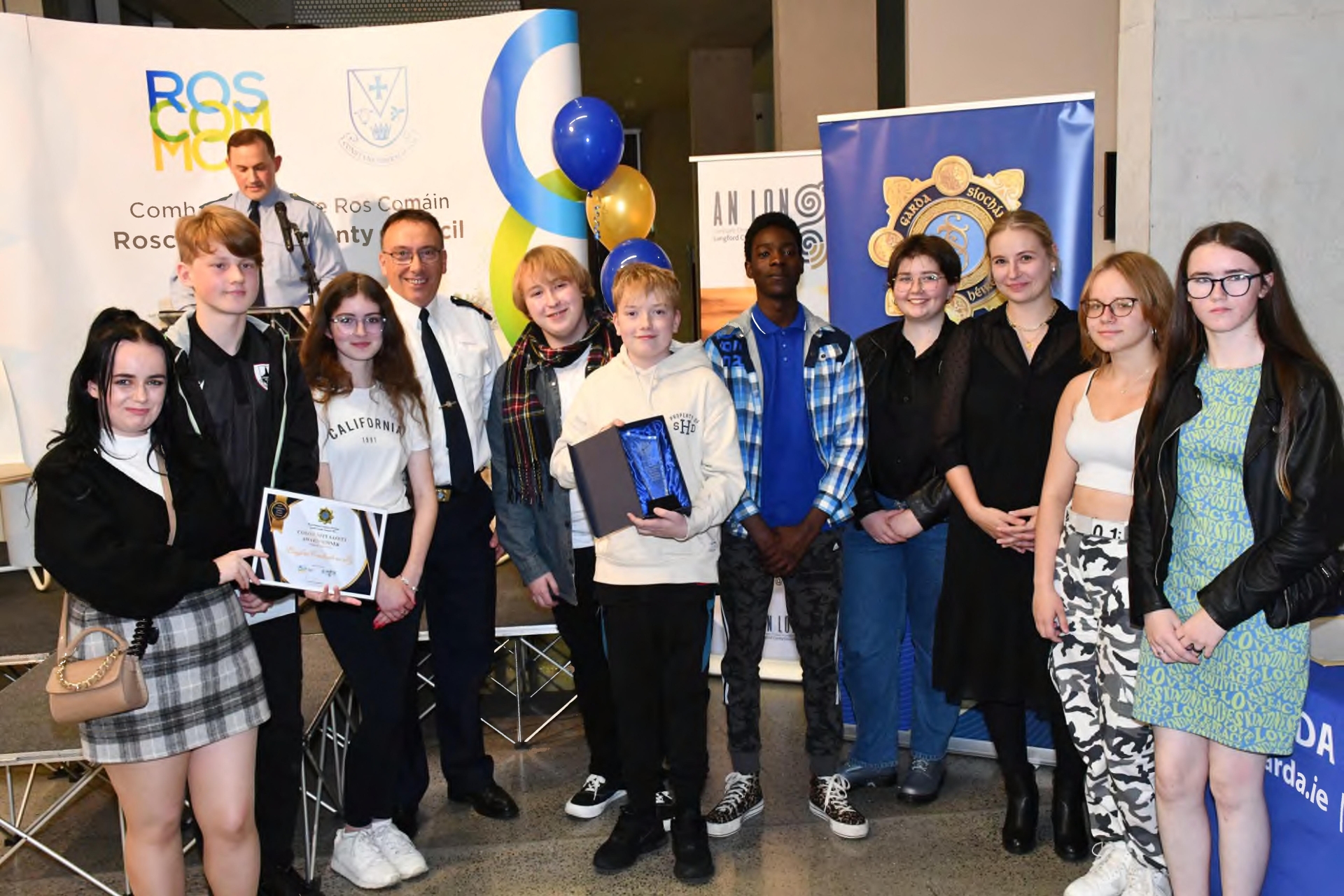 The 2022 Roscommon / Longford Garda Youth Awards presented last Thursday evening in Áras an Chontae, Roscommon, were supported by both Roscommon and Longford County Councils. The initiative, now in its fourth year, acknowledges outstanding acts of courage and selflessness by young people in their respective communities. Category winners include the Individual Award, the Special Achievement Award, the Group Award and the Community Safety Award. READ MORE BELOW PHOTO Caption: Members of Longford Comhairle na nÓg collecting the Community Safety Award. Pictured are Chloe Hickey, Jackson Dent, Caitlin Lowry, Superintendent Seamus Boyle, Dariusz Konefal, Warren Mulligan, Jace Serwadda, Terri Kemple, Longford Comhairle na nÓg Coordinator Joanna Casey, Jessica Ullaha, Alesha Purcell The first of the night’s award recipients was Adam Reddington in the individual category. Nominated by Fuerty GAA Club, Adam recently organised a fundraising run and walk in aid of Aoibheann’s Pink Tie and Childhood Cancer Foundation Ireland charities. Group award recipients Michael Gillooly and Ava Mulry were recognised for their efforts in May 2019 when the Roscommon Gaels All Stars team was launched in Roscommon Town. This was a summer camp for children with additional needs, aged six years and older to kick a ball, swing a hurl, play and to have fun. Nominated by Garda Linda O’Connell of Longford Garda Station, Special Recognition Award winner Callum Clarke from Tulsk saved his grandad Sean from drowning. This followed an incident while both were out fishing after a gust of wind had turned a normal fishing trip into a rescue mission. Special Achievement Award recipient, Longford’s Geraldine Maughan suffered horrific injuries and required hospitalisation which affected both her physical and mental health. As a result she required support from a number of agencies to help her regain her personal, physical and mental strength. Nominated by Anne Kenny of Foroige’s ‘Big Brother, Big Sister’ programme in Granard,