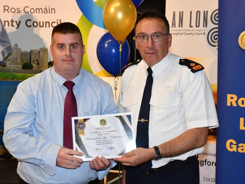 Caption: Newtownforbes First Responders group who were nominated for a Community Safety Award, Group coordinator James Quinn is pictured with Superintendent Seamus Boyle