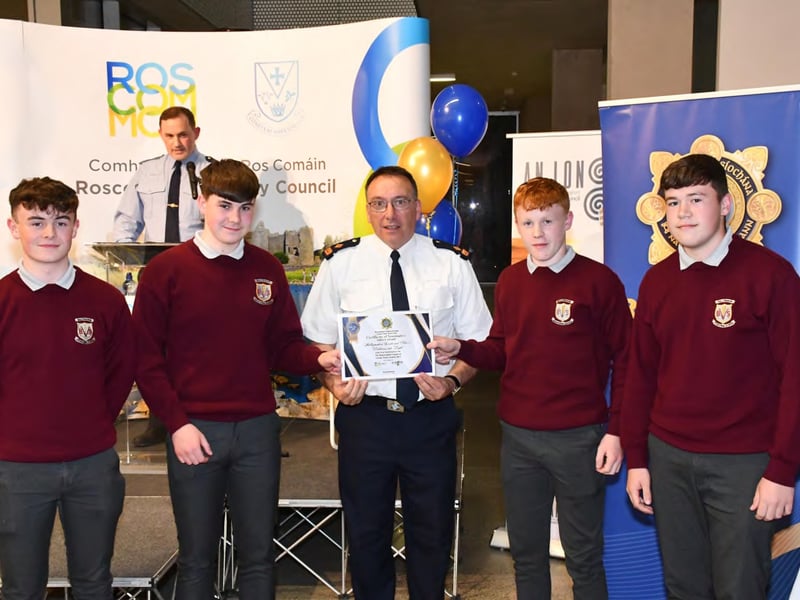 Caption: Conor Lynn, Ben Callan, Adrian Maguire and Ronan Burke of Ballymahon Vocational School who were nominated for a Community Safety Award pictured with Superintendent Seamus Boyle