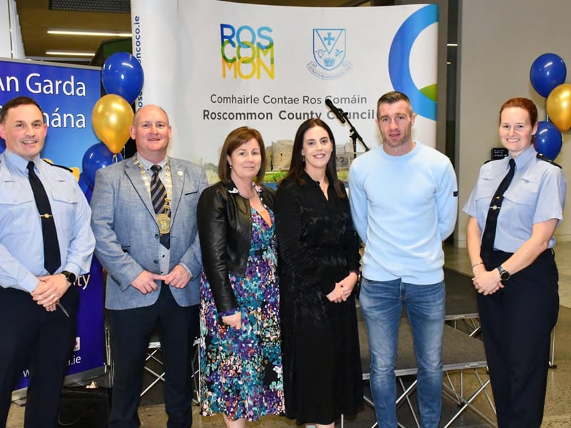 Caption: The judging panel: An Garda Síochána Inspector David Cryan; Longford County Council Cathaoirleach Cllr Turlough McGovern; Roscommon County Council Director of Services Fiona Ní Chuinn; RTÉ Midlands Correspondent Sinead Hussey; Roscommon Senior Footballer Cathal Cregg and An Garda Síochána Garda Tanya Duffy