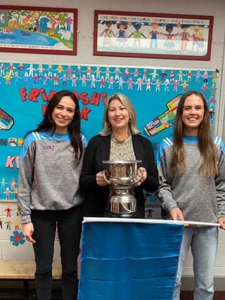 Kildare and Eadestown LGFA players Grace Clifford and team captain Rose Mernagh visited Rathmore N.S. on Friday with the Champions Cup following their win in the Kildare Senior LGFA County Final in Hawkfield against Sarsfields on Friday 23rd September on a final score of 1-11 to 4 points.