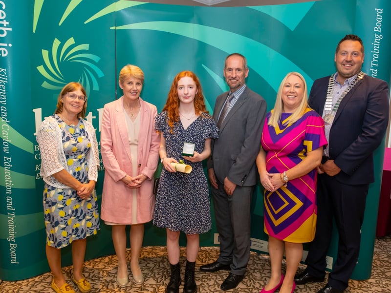 Grennan College, Thomastown, student Shayla Fitzgibbon with Deputy Principal Miriam O’Donnell; KCETB Chief Executive Eileen Curtis; KCETB Director of Schools Dr Pauline Egan, Principal Sean Og O’Sullivan and Chairman of KCETB Cllr Peter ‘Chap’ Cleere All photographs: Patrick Browne