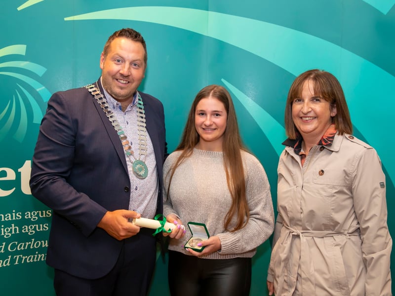 Pictured with Chairman of KCETB Cllr Peter ‘Chap’ Cleere is recipient for Coláiste Mhuire, Johnstown, Co Kilkenny Úna Brophy with Deputy Principal Angela Conroy. Photograph: Patrick Browne