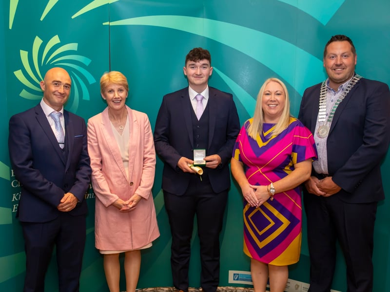 Duiske College student Seán O’Neill with Principal John Maye, KCETB Chief Executive Eileen Curtis, KCETB Director of Schools Dr Pauline Egan and Chair of the Board of KCETB Cllr Peter Chap Cleere