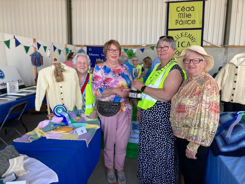 Iverk Show was a landmark day for the Kilkenny Federation ICA. There was a great buzz at their stand and it was a hive of activity with crafts and of course we had a big craft competition which was won by Thomastown Guild. We have a great entry for the competition and it was testament to the wonderful skills across the guilds in Kilkenny Federation.The members turned out in huge numbers to help with our refreshment stand where we served all home made cakes etc. It was a wonderful day for our President Liz Darmody as this was herfirst show as president. BELOW: Ann Kelly Craft Promoter, members of winning Guild of the Solly Flood Cup are from Thomastown Guild, Marie Kinsella and Vera Savage being presented with the cup by Federation President Liz Darmody