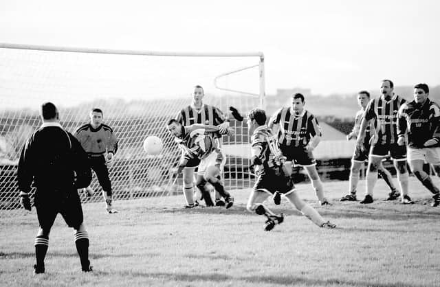 Foyle goalkeeper Paddy Morrison keeps a close eye on the ball as the Galliagh forward line put on the pressure around the goalmouth during a Premiership Saturday Morning League clash against Galliagh.